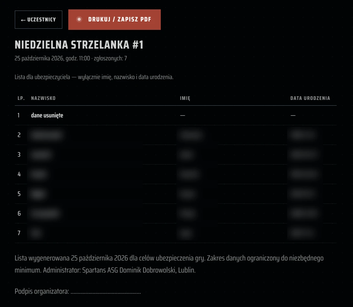 Insurance list, personal data hidden
